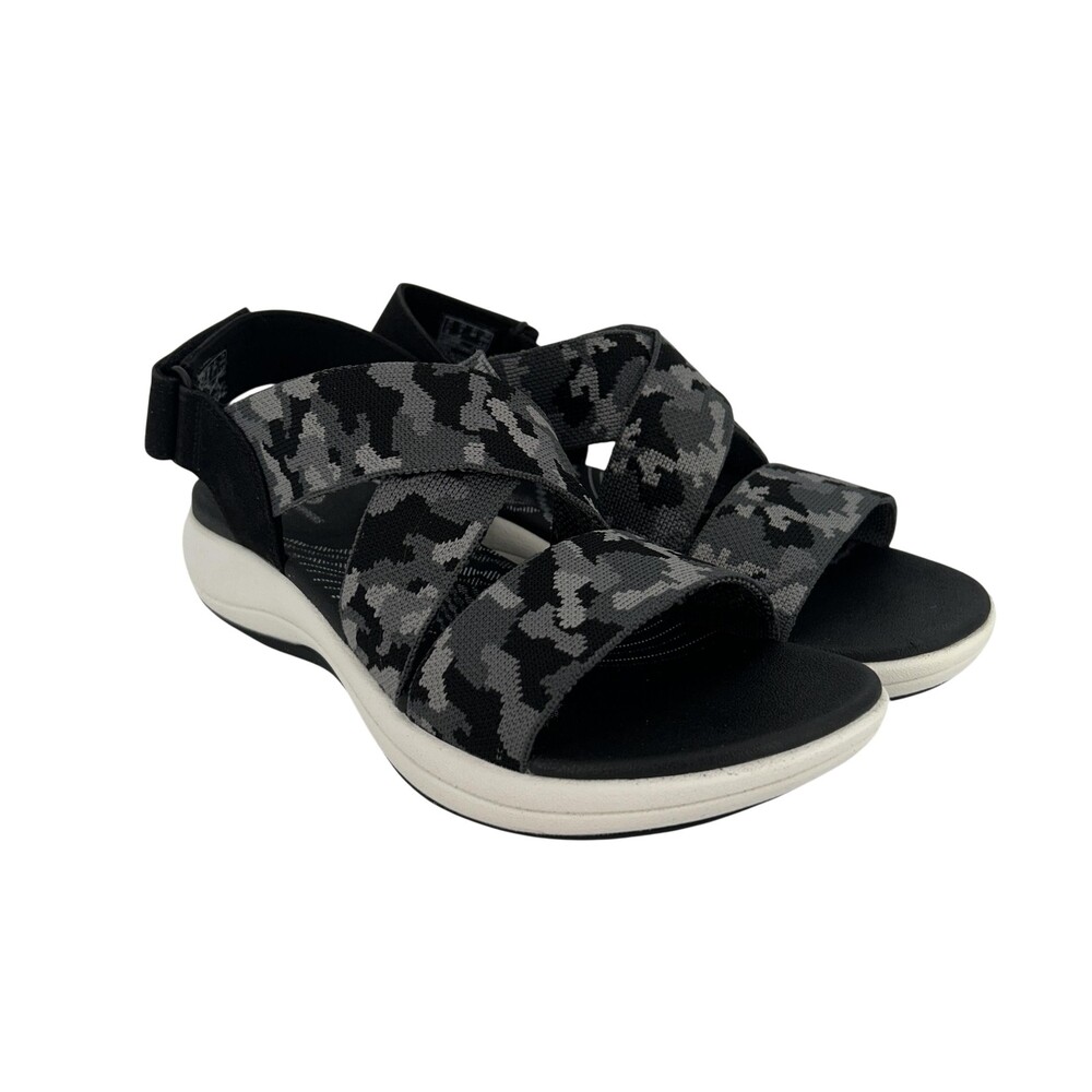 Clarks Sandals Womens Size 9 Black Camo Cloudsteppers Strappy Wedge Comfort